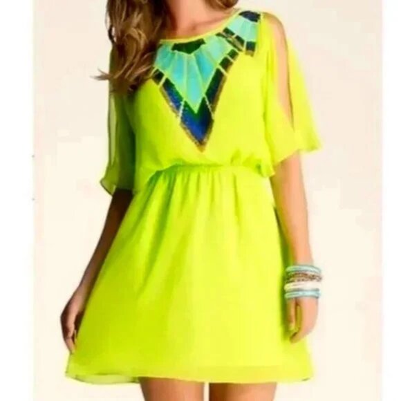 Bebe Neon Green Sequin Cold Shoulder Dress SZ XS/TP - Picture 1 of 10